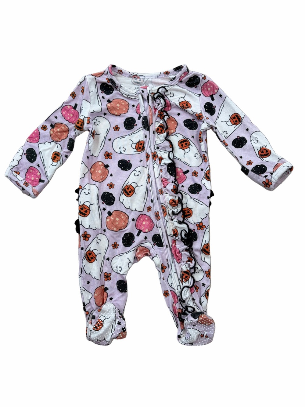 Caden Lane Size Newborn Halloween Ghost Pumpkin Ruffle Bamboo Footie Pajamas